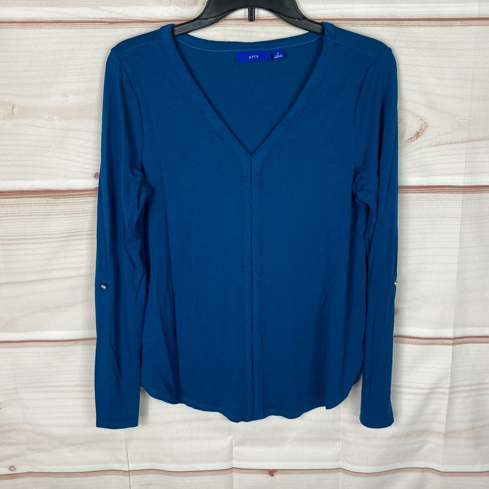 Apt 9 Top Womens S Teal Blue Jersey Knit Blouse V-Neck Tab Sleeve Pullover Solid